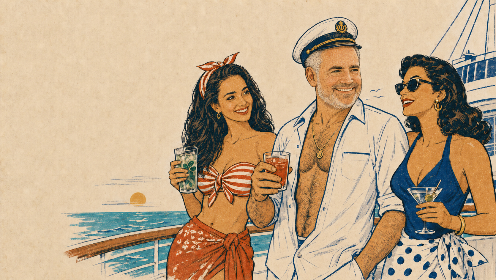 A retro illustration of Ben in a captain's hat celebrating with two friends and cocktails on a cruise-ship deck.