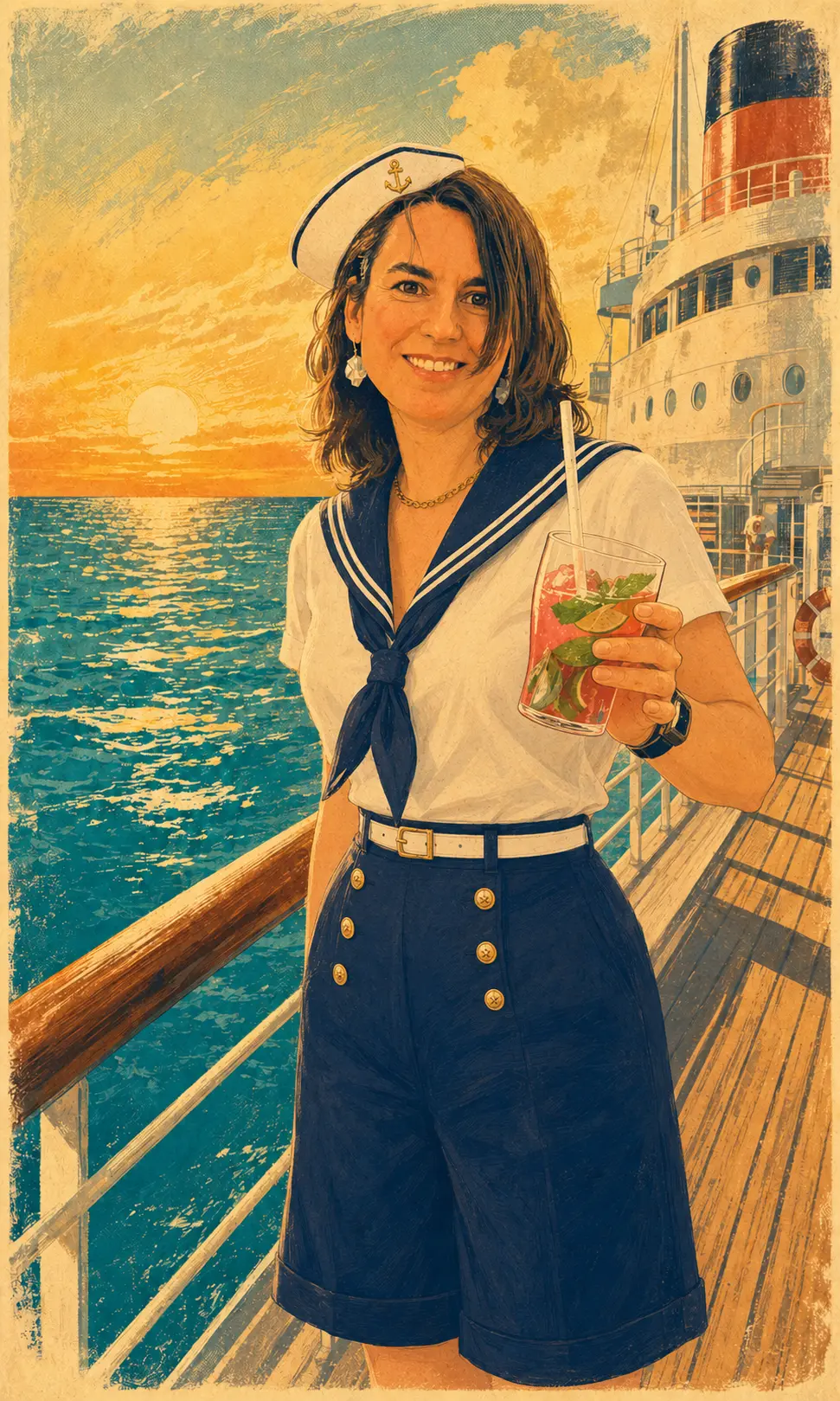 Retro illustration of Melanie in a sailor outfit holding a cocktail on a ship's deck.