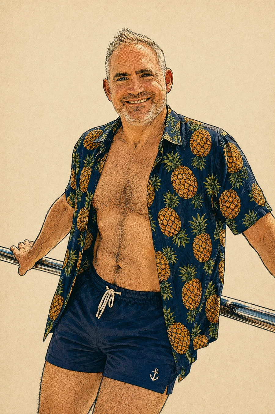 Retro portrait of Ben, the birthday boy, in a pineapple shirt by the ship's rail.