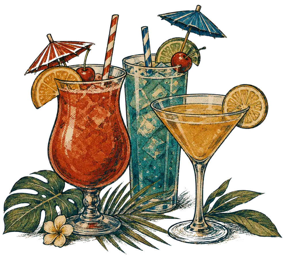 Retro illustration of colourful tropical cocktails with fruit and paper umbrellas.