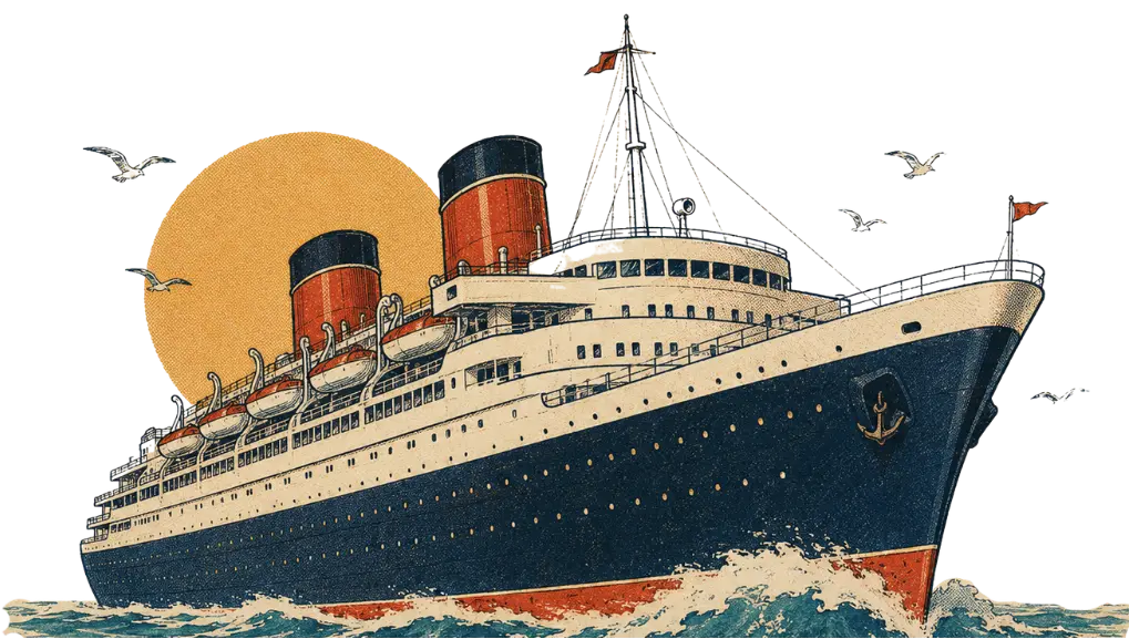 Retro illustration of a grand ocean liner cutting through the waves.