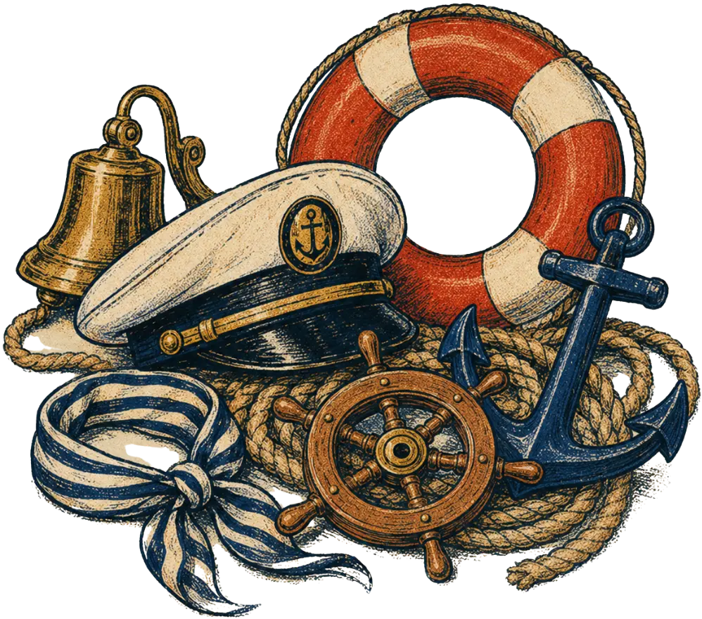 Retro illustration of a captain's hat, life ring, anchor, ship's wheel and sailor scarf.