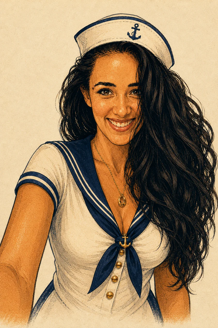 Retro portrait of Zoe in sailor whites and a captain's hat.
